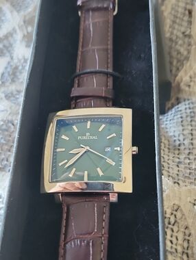 Puredial Square Gold-Tone Watch with Green Dial and Brown Leather Strap